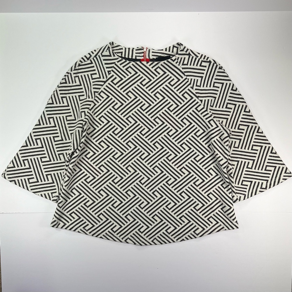 W5 Anthropologie 3/4 Sleeve Geometric Top w/Decorative Zipper - black/white, L